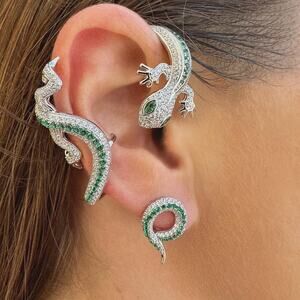 Luxury Crystal Gecko Ear Jacket, Sterling Silver Lab Emerald Ear Cuff